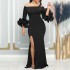 D481 independent station foreign trade women's clothing temperament one collar sexy slit lotus leaf sleeve long dress banquet party evening dress