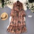 French retro light mature style bow tie lantern long sleeved print cinched waist slimming temperament chiffon dress trendy