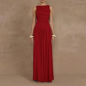 2024 Autumn Cross border Women's Wear European and American Dress Fashion Sleeveless Solid Color Slim Fold Long Dress