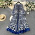 European and American style 2024 new women's dress with oversized skirt print, pleated pleats, waist cinching, and lace up for vacation