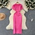 Mingyuan style knitted new high-end round neck single breasted short sleeved slim fit French medium length dress