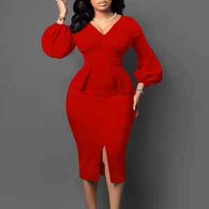 D354 Amazon European and American Women's V-neck Bubble Sleeve Split Dress Office Pencil Dress African Dress