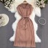 2023 Summer French Retro Style Polo Collar Loose Waist Strap A-line Knitted Dress Casual Long Dress