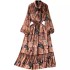 French retro light mature style bow tie lantern long sleeved print cinched waist slimming temperament chiffon dress trendy