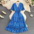 2023 summer new retro V-neck romantic floral A-line dress with elegant temperament, waist cinching and slimming, big swing long skirt