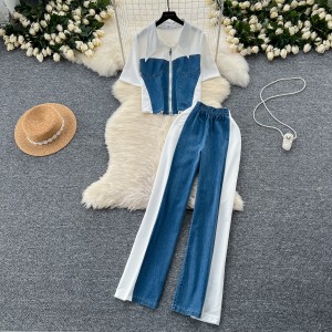 European and American casual simple denim splicing set women's summer Polo collar zipper top+high waist wide leg hanging pants