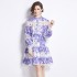 Real time spot spring clothing new palace style standing collar hollowed out printed single breasted dress