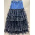 Australian niche puffy skirt, half body, hip wrapped, long style, spliced with A swing denim skirt, polka dot mesh A2 # 8696