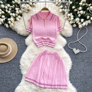 Summer new versatile knitted sweater two-piece set for women, retro contrasting color short sleeved top+high waisted pleated skirt