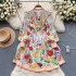 Fancy Flower Series Holiday Skirt Temperament Buckle Slimming Niche Printed Dress French Bubble Sleeve Dress for Women