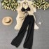 Seaside vacation set, women's summer outfit, sexy bikini tie, neck hanging top, design sense, hollowed out knitted wide leg pants