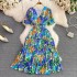 2023 summer new retro V-neck romantic floral A-line dress with elegant temperament, waist cinching and slimming, big swing long skirt