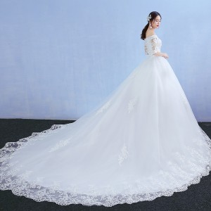 One shoulder wedding dress for brides 2024 new long tailed dreamy princess Korean style long sleeved slimming wedding dress