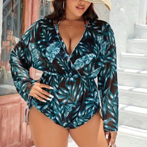 2024 New Cross border Three piece Swimsuit for European and American Trade, Women's Mesh, Digital Printed Long sleeved Hoodie, Bikini