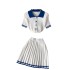 Pure desire spicy girl style contrasting color Polo collar short sleeved shirt top+high waist slimming pleated skirt two-piece set for summer