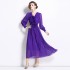 2024 Heavy Industry pleated three-dimensional flower nail bead V-neck banquet dress long sleeved dress long skirt