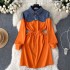 New women's autumn dress with niche design, denim polo collar, contrasting color splicing, fashionable fake two-piece sanitary dress