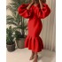 D115 cross-border source African plus size women's fashion solid color V-neck bubble long sleeved fishtail skirt European and American dress