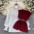 Korean style fashionable set for women's casual loose long sleeved shirt+waist cinched V-neck knitted vest two-piece set