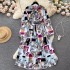 Light luxury temperament lantern long bow tie floral print dress for women, French style waist cinching slimming elegant A-line long skirt