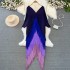 High end socialite temperament Miyake pleated long sleeved collar backless loose tassel gradually changing color irregular dress