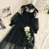 Hollow lace three-dimensional flower dreamy mesh temperament stand collar lantern sleeves high waisted two-piece fairy dress for women