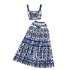 European and American style blue and white porcelain print set for women's summer pure desire to expose waist camisole vest+high waist mid length skirt