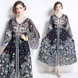 2024 V-neck printed chiffon print dress