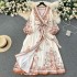 European and American style fashion high-end positioning print one-piece lace up waist cinching slimming temperament big swing A-line dress