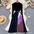 French Hepburn style elegant knitted patchwork gradient color pleated slim fit waist cinching big swing dress for women's autumn new style