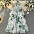 2024 early spring new French style bow collar, waist cinching and slimming mid length retro printed dress with temperament