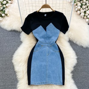 Retro Hong Kong style temperament fake two round neck short sleeved denim splicing slim fit and slimming short style hip hugging dress summer