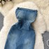 One shoulder strapless denim dress for women with spring and summer temperament, with a cinched waist, sexy slit, retro style, hip hugging skirt, trendy