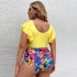 2022 New Cross border European and American Fat Granny Large Size Split Bikini with ruffle edge print high waisted swimsuit for women