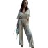 European and American spot women's clothing 2024 new fashionable solid color lace up waist deep V-neck casual one-piece wide leg pants