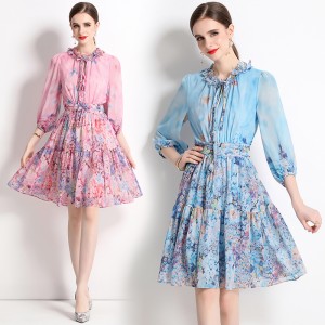 Real time spot new socialite temperament chiffon printed waist cinched lantern sleeve dress