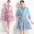 Real time spot new socialite temperament chiffon printed waist cinched lantern sleeve dress