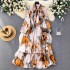 French retro light mature style bow tie lantern long sleeved print cinched waist slimming temperament chiffon dress trendy