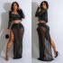 C6861 Cross border AliExpress Amazon Europe and America Fashion Women's Wear Solid Color Mesh Hot Diamond Long Sleeve Long Skirt Two Piece Set