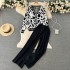 Fashionable and stylish two-piece set for women, autumn printed long sleeved knitted cardigan jacket, high waisted straight leg long pants