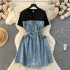 Large size women's clothing design sense fake two short sleeved t-shirts contrasting color splicing retro large pocket denim dress for women's fashion