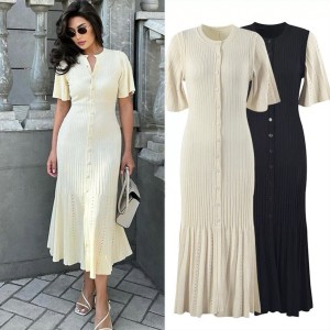 2024 Summer European and American socialite's gold style slim fit and slimming short sleeved knitted dress, fishtail long skirt, feminine and fashionable