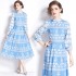 Real shot vintage blue and white porcelain printed stand up collar lantern sleeves palace waist cinching long skirt dress in stock