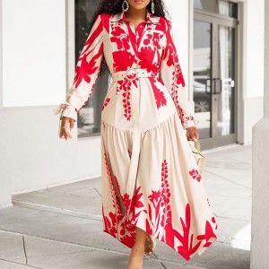 Amazon European and American women's summer new style long sleeved printed lapel irregular loose plus size African foreign trade dress