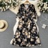 French retro high-end floral dress, women's summer new collection, waist cinched lace up five quarter sleeve chiffon skirt, V-neck dress