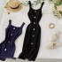 Knitted dress 2020 new summer style square neck slim fit and slimming button up sleeveless vest with slit bottom skirt