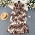 French retro light mature style bow tie lantern long sleeved print cinched waist slimming temperament chiffon dress trendy