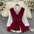 V-neck single breasted irregular knitted vest+spliced white casual loose shirt women's autumn two-piece set trendy