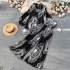 European and American fashion personalized printed suit women's lazy irregular lantern sleeve shirt+pleated wide leg pants two-piece set