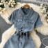 Workwear one-piece denim suit, women's short summer outfit, 2022 new style, fashionable high waisted wide leg shorts